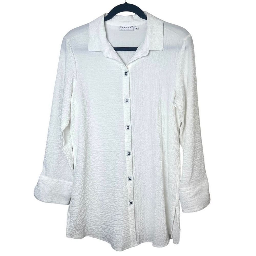 Habitat Women's Textured White Button Front Blouse Tunic Top Sz S